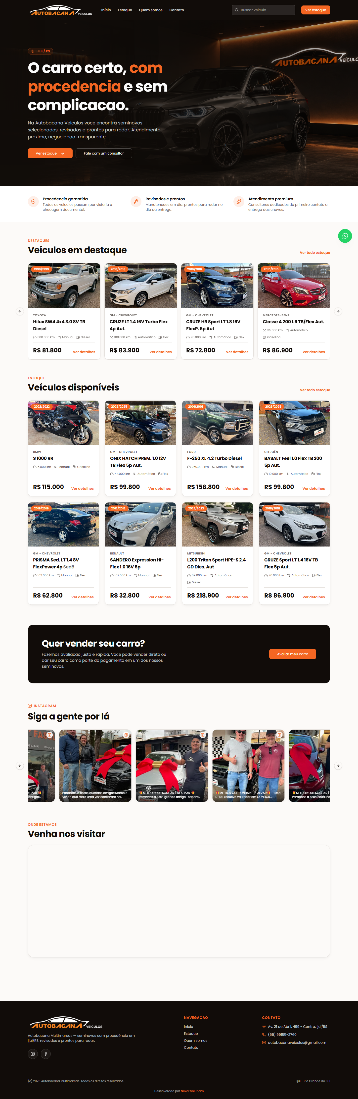 Site da Autobacana Veículos com estoque automotivo em destaque