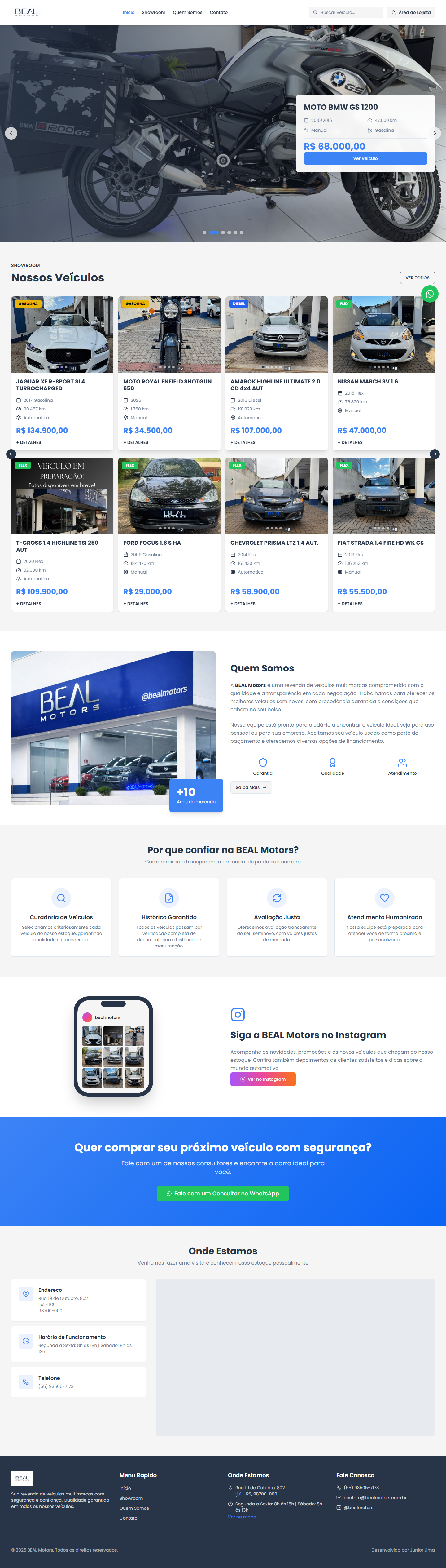Site da Beal Motors com showroom de veículos e atendimento