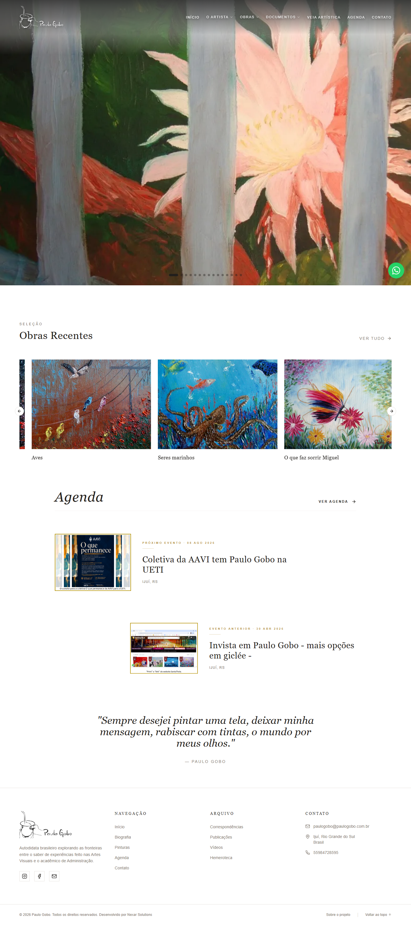 Site de Paulo Gobo apresentando uma obra de arte em destaque