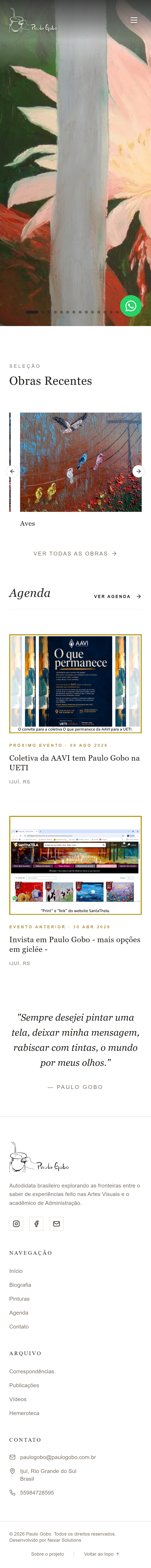 Site de Paulo Gobo apresentando uma obra de arte em destaque, visualização mobile